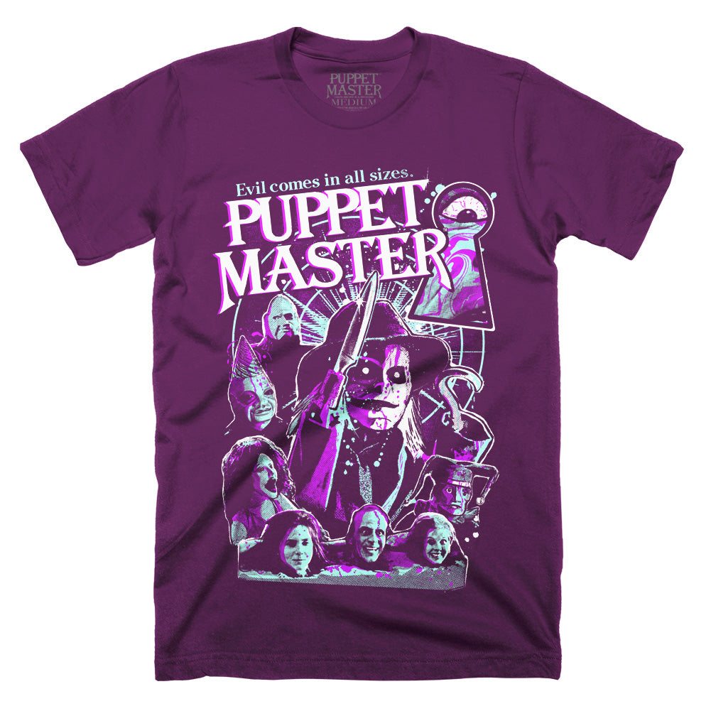 Puppet Master Evil Comes In All Sizes Purple Horror Movie T-Shirt