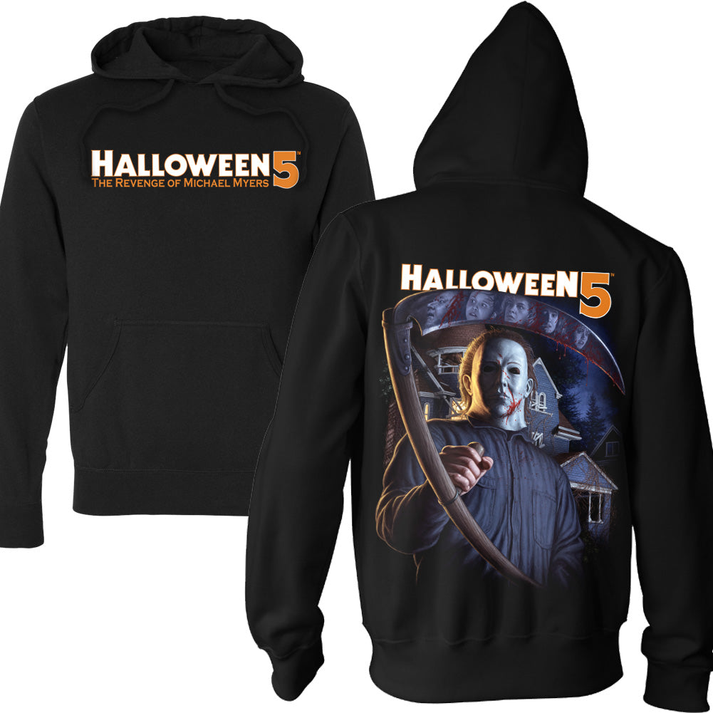 Halloween 5 The Haddonfield Reaper Pullover Hoodie featuring Michael Myers with a bloody sickle and the Myers house — officially licensed horror apparel by Terror Threads.