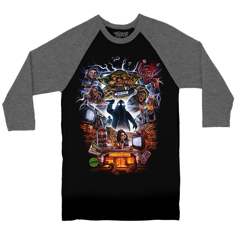 Terror Threads Shockbuster Video Retro VHS Horror Raglan Baseball T-Shirt