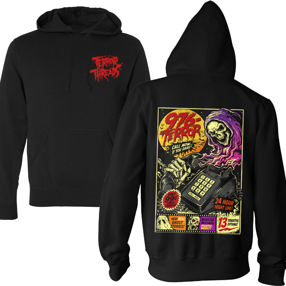 976-TERROR black pullover hoodie featuring a distressed red Terror Threads logo on the left chest and full-back artwork with a skeletal hotline operator, retro touch-tone phone and neon horror colors.