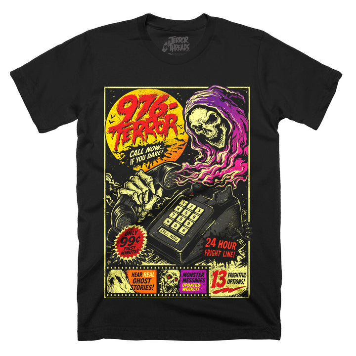 976-TERROR original horror graphic T-shirt in black featuring a skeletal hotline operator, retro touch-tone phone, blood-red moon and neon horror colors