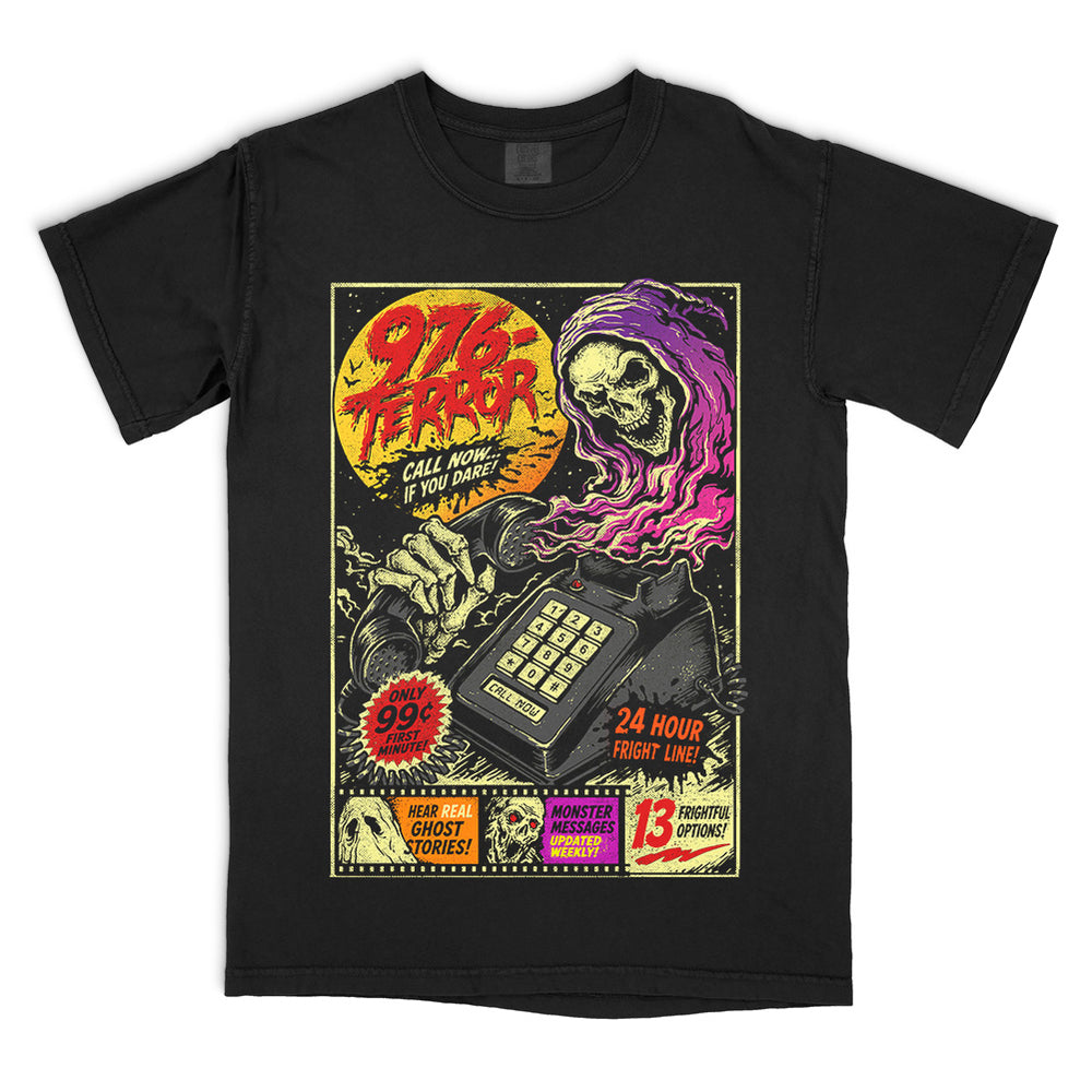 976-TERROR original horror graphic Comfort Colors T-shirt in black featuring a skeletal hotline operator, retro touch-tone phone, blood-red moon and neon horror colors