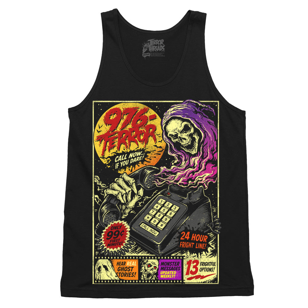 976-TERROR original horror tank top in black featuring a skeletal hotline operator, retro touch-tone phone, red moon and neon purple, pink and yellow artwork.