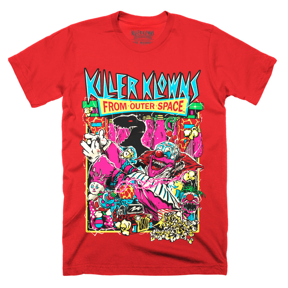 Officially licensed Killer Klowns From Outer Space Admission Is Free red t-shirt featuring colorful retro-style artwork of the Killer Klowns, alien weapons, popcorn, and the iconic movie logo.