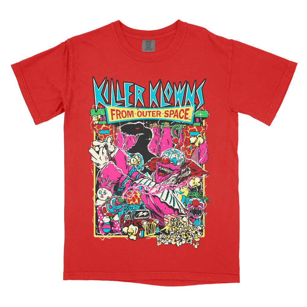 Officially licensed Killer Klowns From Outer Space Admission Is Free red Comfort Colors t-shirt featuring vibrant carnival-inspired artwork of the Killer Klowns, deadly popcorn, and the classic horror movie logo.