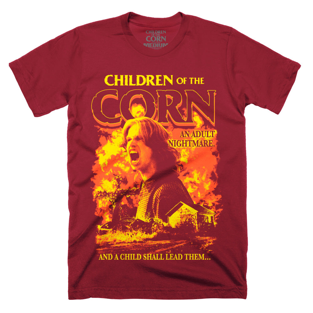 Children of the Corn An Adult Nightmare T-Shirt on a red Classic Terror Threads Tee featuring Isaac, burning cornfields and a rural church in a fiery retro horror design