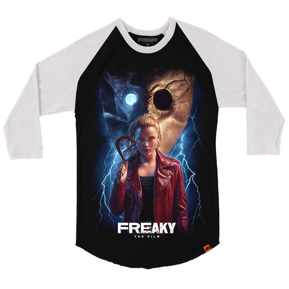 Freaky “Basic Switch” baseball raglan t-shirt featuring black body, white sleeves, lightning-filled horror artwork, and a female character holding a dagger.