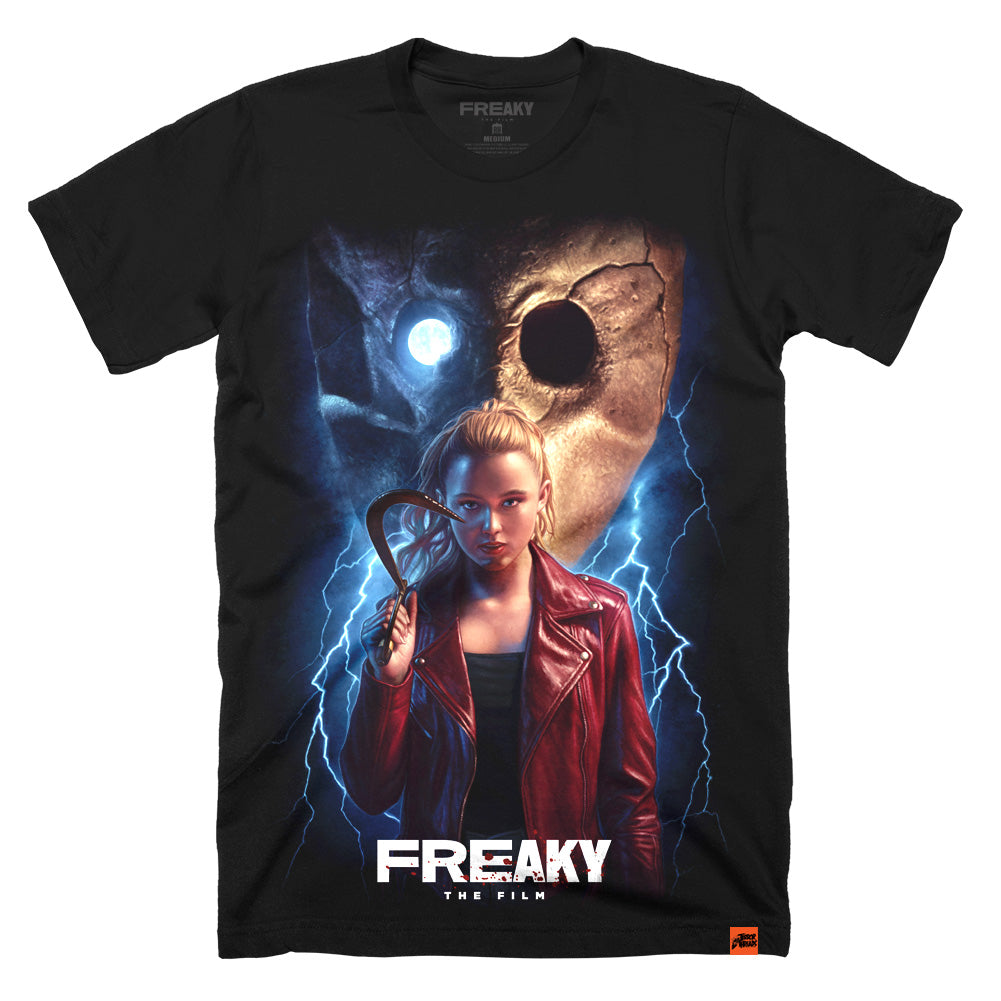 Freaky “Basic Switch” horror movie t-shirt featuring a split mask background, lightning effects, and a female character holding a bloodied dagger on a black tee.