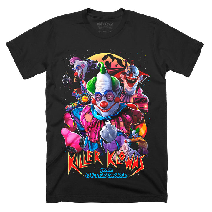 Officially licensed Killer Klowns From Outer Space Big Top Boys black t-shirt featuring a colorful graphic of the Killer Klowns with sinister carnival imagery and the movie's iconic logo.