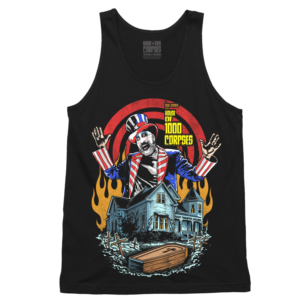 House Of 1000 Corpses Bless This House Tank Top on black featuring Captain Spaulding above the Firefly house with flames, graves, and a coffin.