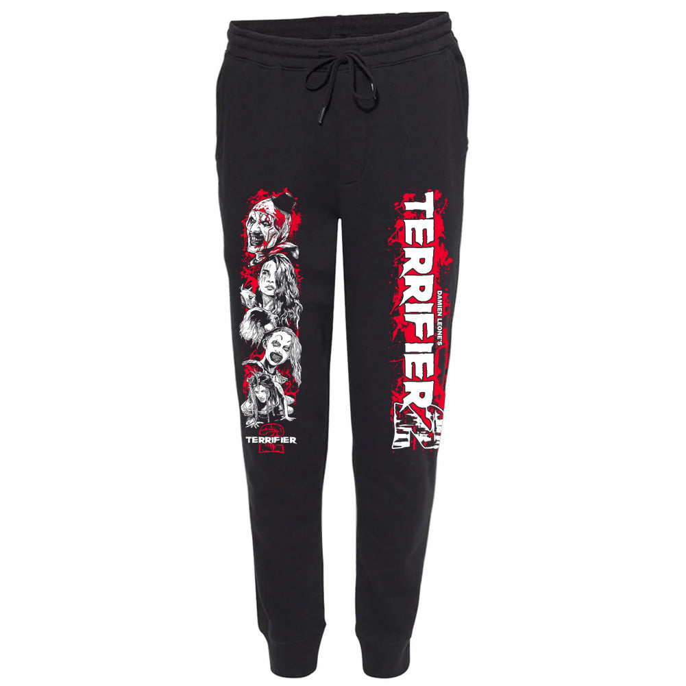 Officially licensed Terrifier 2 Bloody Good black joggers featuring Art the Clown, Sienna Shaw, and the Pale Little Girl in a red and white character collage with bold Terrifier 2 lettering printed down the opposite leg.