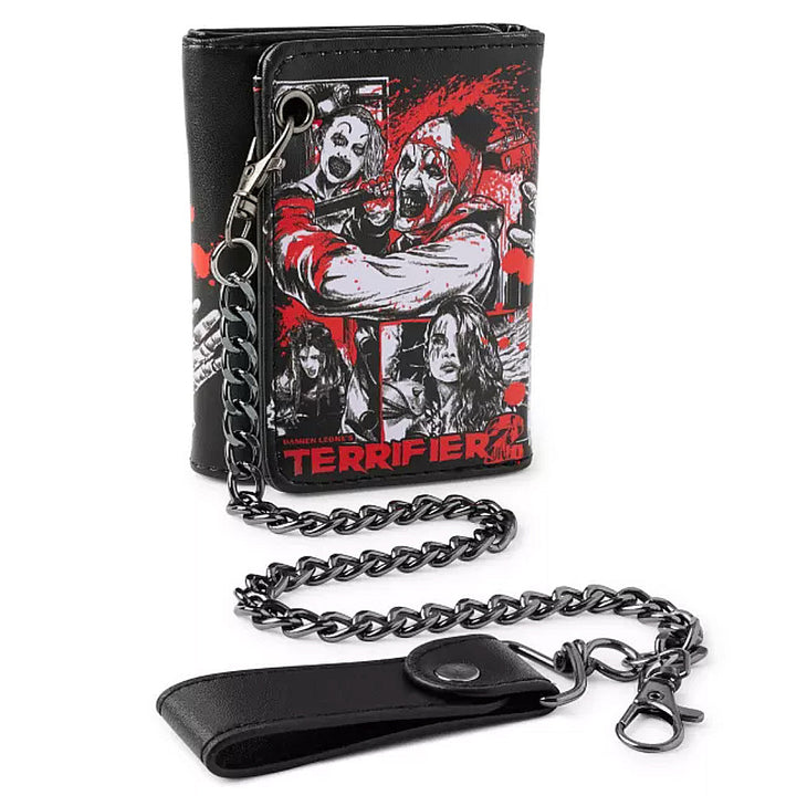Officially Licensed Terrifier 2 Bloody Good chain wallet front view featuring Art the Clown and Sienna Shaw