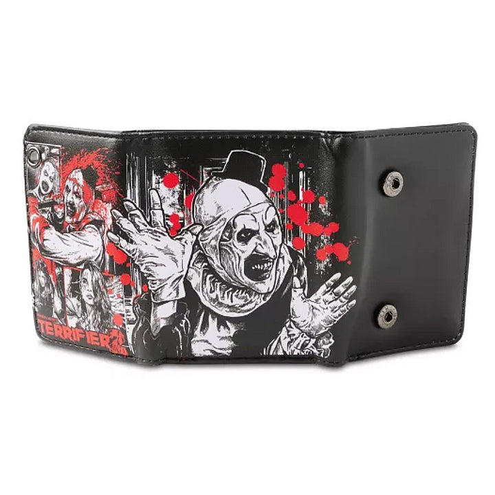Officially Licensed Terrifier 2 Bloody Good chain wallet unfolded showing full exterior artwork featuring Art the Clown