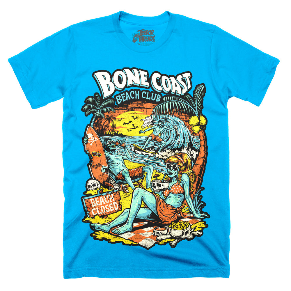 Bone Coast Beach Club electric blue Classic Terror Threads t-shirt featuring skeleton beachgoers, a surfer, palm trees, skulls, waves, and a beach closed sign in a retro tropical horror design.