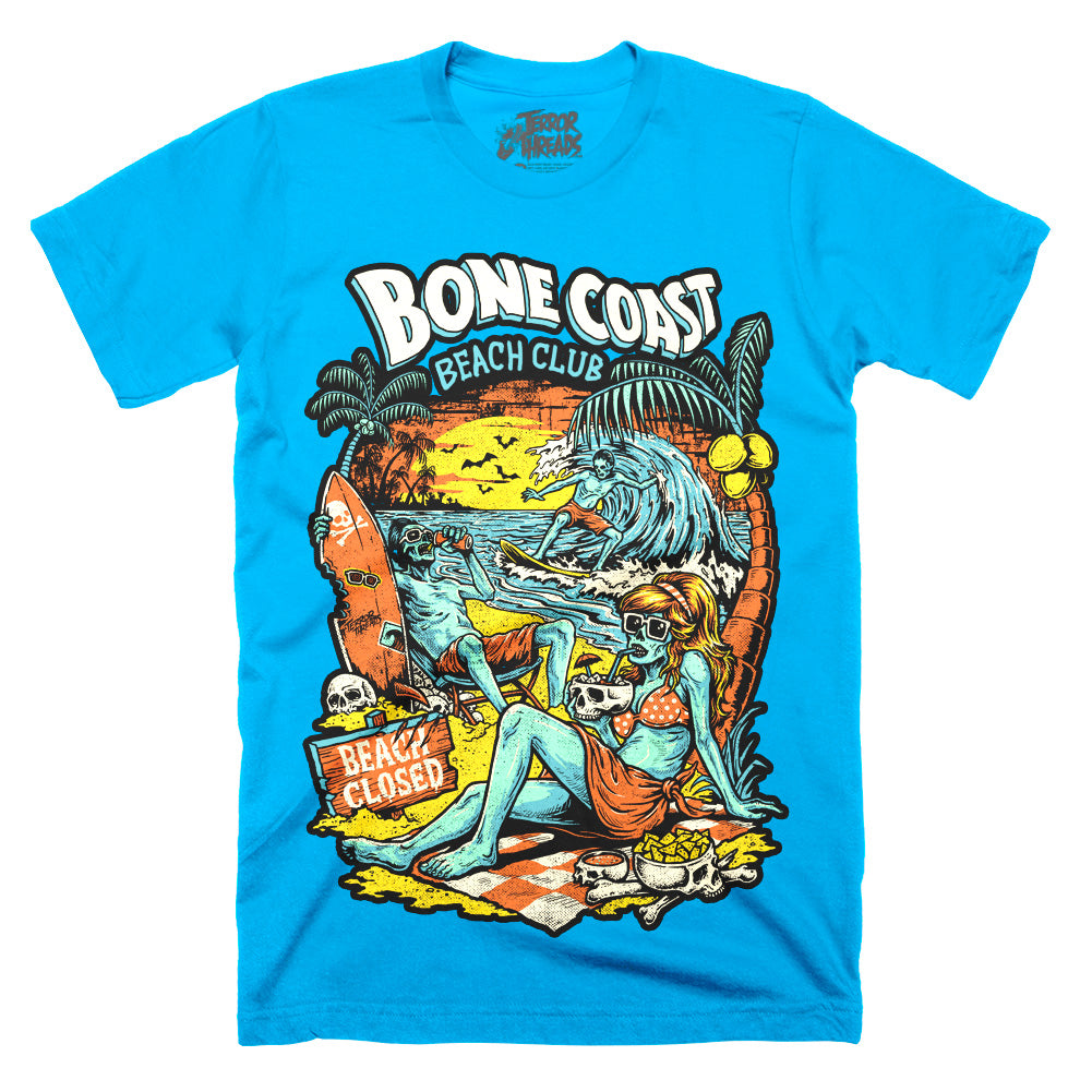 Bone Coast Beach Club electric blue Classic Terror Threads t-shirt featuring skeleton beachgoers, a surfer, palm trees, skulls, waves, and a beach closed sign in a retro tropical horror design.