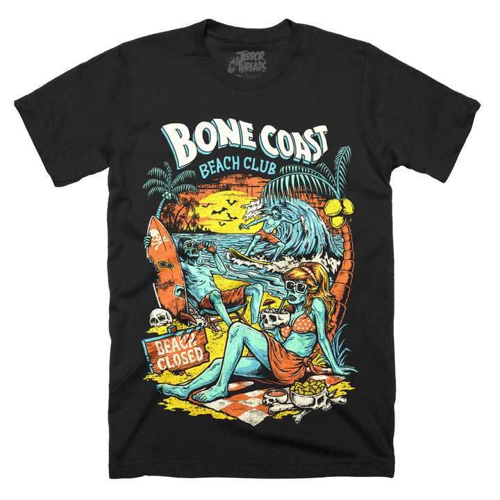 Bone Coast Beach Club black Classic Terror Threads t-shirt featuring skeleton beachgoers, a surfer, palm trees, skulls, waves, and a beach closed sign in a retro tropical horror design.