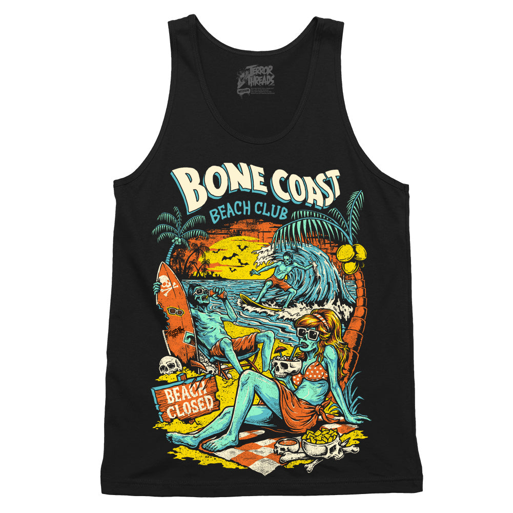 Bone Coast Beach Club black tank top featuring skeleton beachgoers, a surfer, palm trees, skulls, waves, and a beach closed sign in a retro tropical horror design.