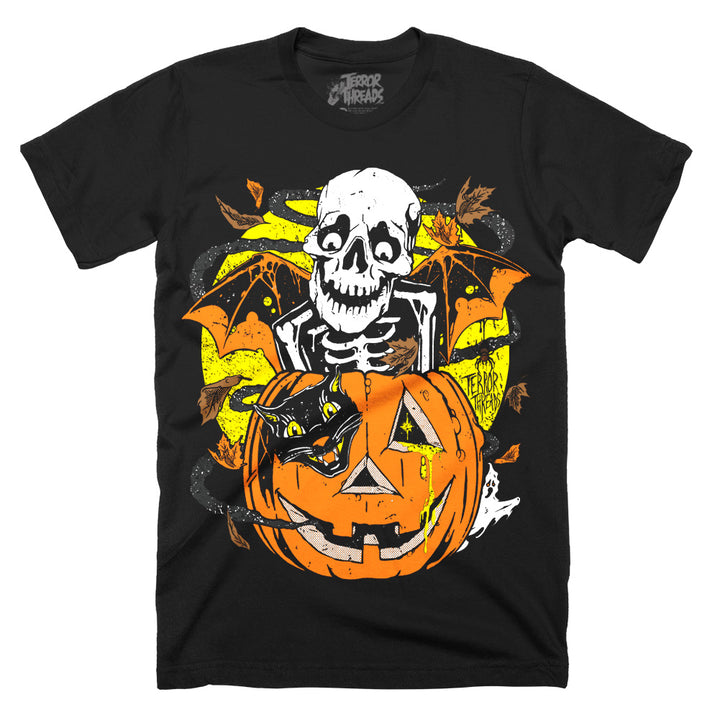 Terror Threads Bones O Lantern T-Shirt on a black Classic Terror Threads Tee featuring a skeleton, jack-o’-lantern, black cat, bats and ghosts in a vintage Halloween design