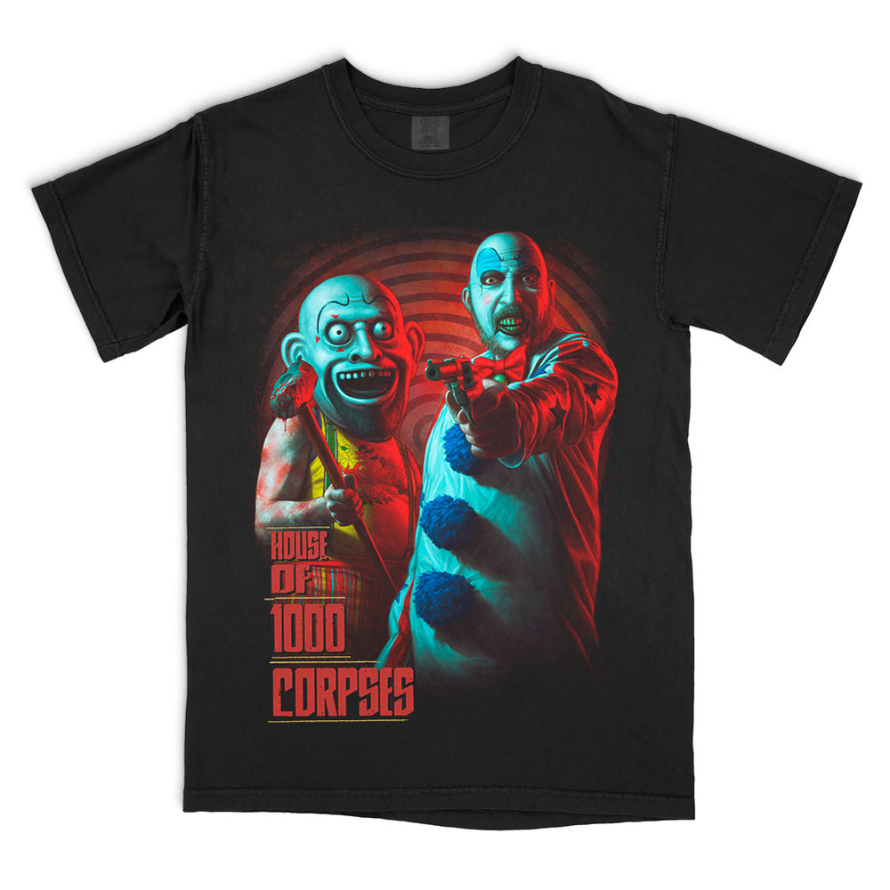 House of 1000 Corpses But Most of All T-Shirt on a black Comfort Colors Tee featuring Captain Spaulding and Otis Driftwood in vivid red and blue artwork