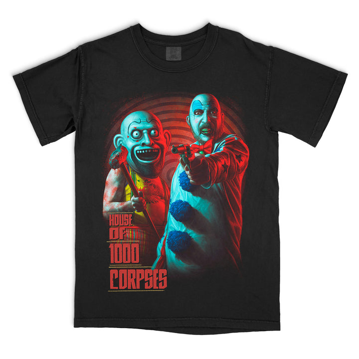 House of 1000 Corpses But Most of All T-Shirt on a black Comfort Colors Tee featuring Captain Spaulding and Otis Driftwood in vivid red and blue artwork