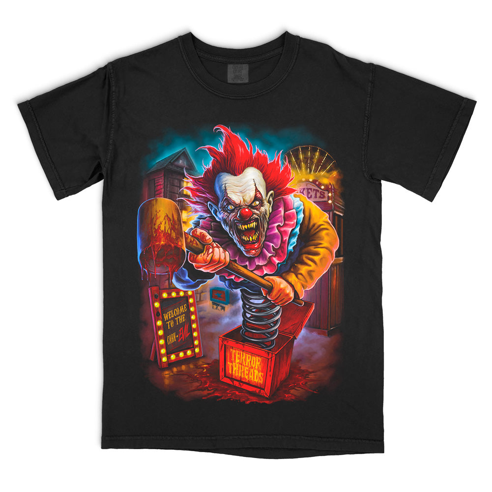 Page Title:** Terror Threads Carn-EVIL Clown T-Shirt | Haunted