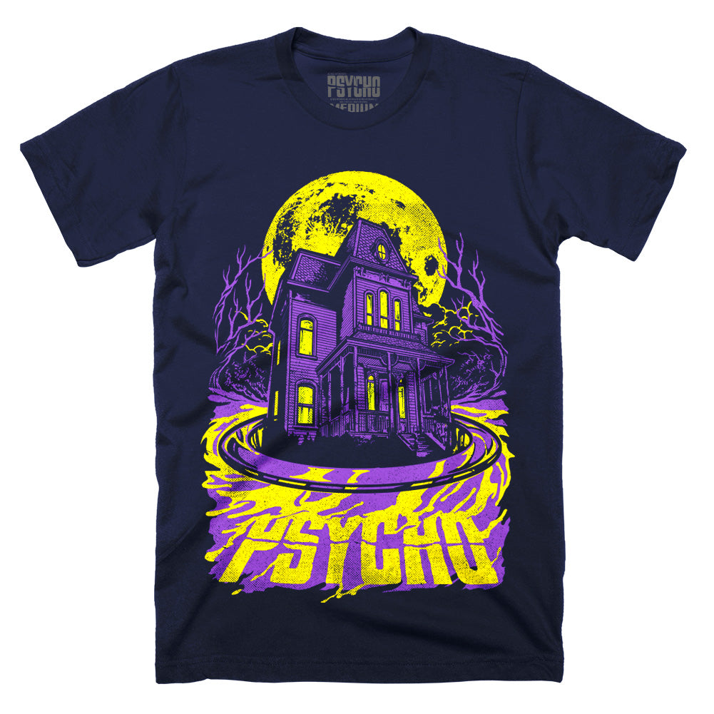 Alfred Hitchcock Psycho Check In Forever navy t-shirt Bates house neon horror shirt