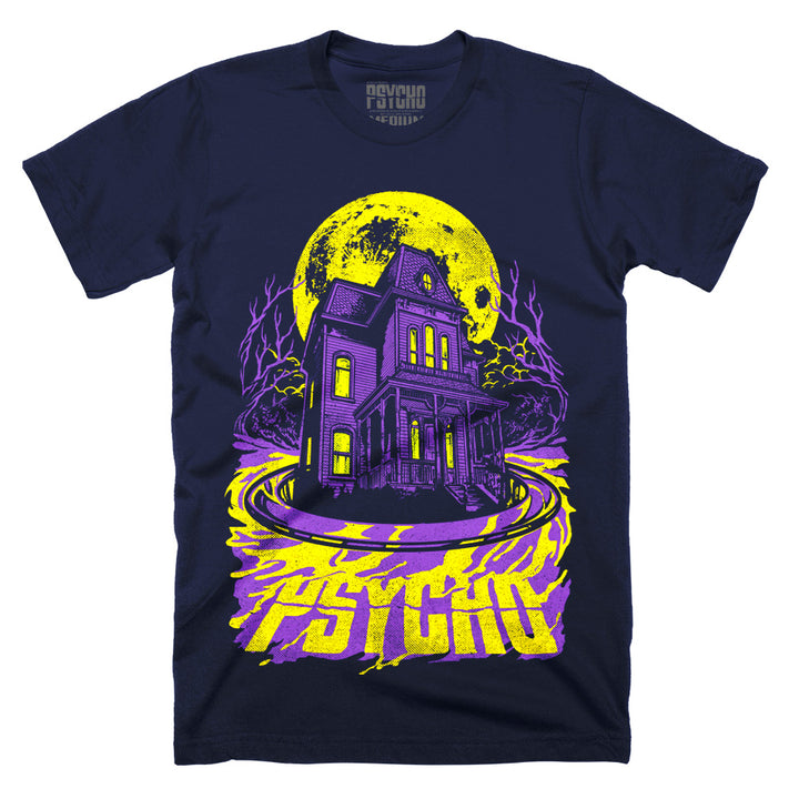 Alfred Hitchcock Psycho Check In Forever navy t-shirt Bates house neon horror shirt