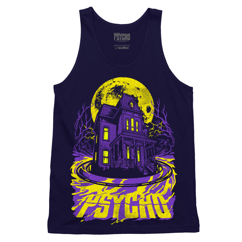 Alfred Hitchcock Psycho Check In Forever navy tank top Bates house neon horror tank