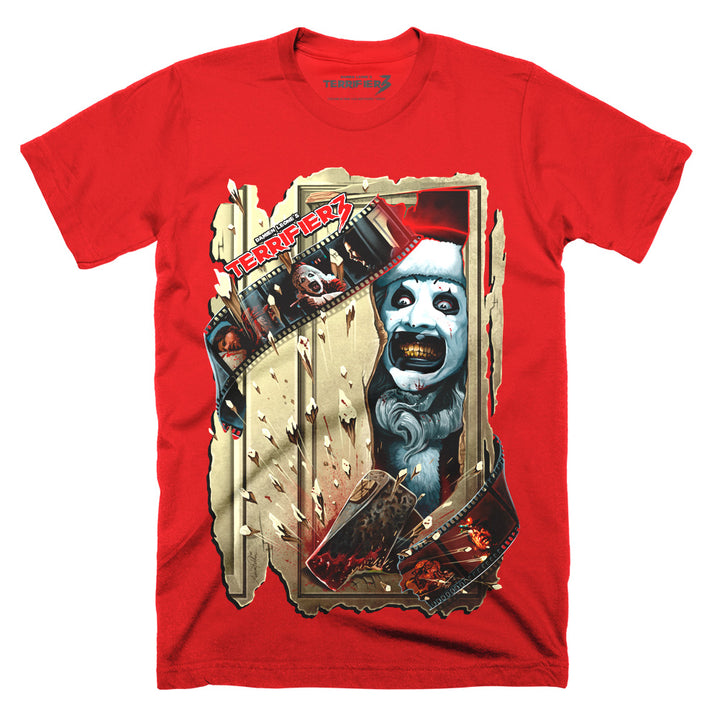 Red Terrifier 3 Chop House classic tee featuring Art the Clown bursting through a shattered doorway with a bloodied axe and filmstrip details.