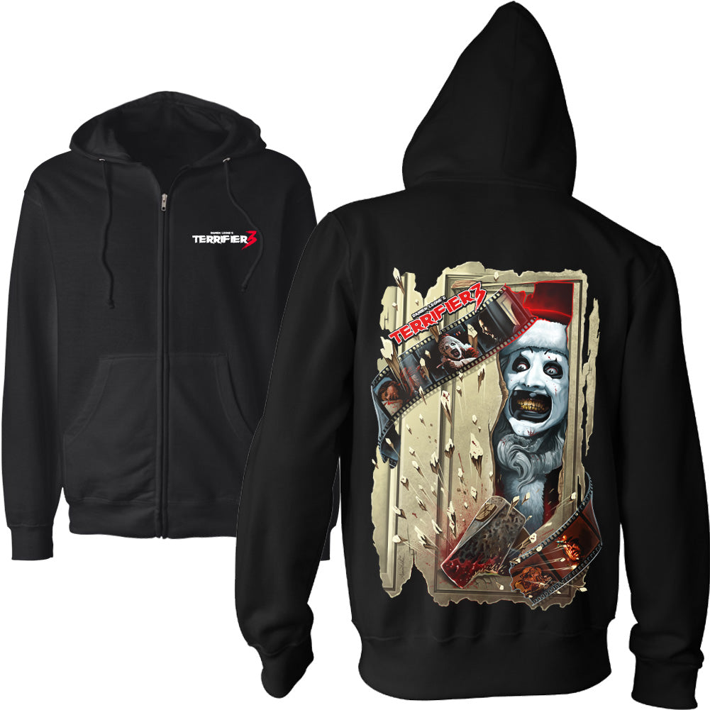Terrifier 3 Chop House zip hoodie with a front Terrifier 3 logo and a large back print of Art the Clown breaking through a splintered doorway with a bloodied axe and film strip artwork