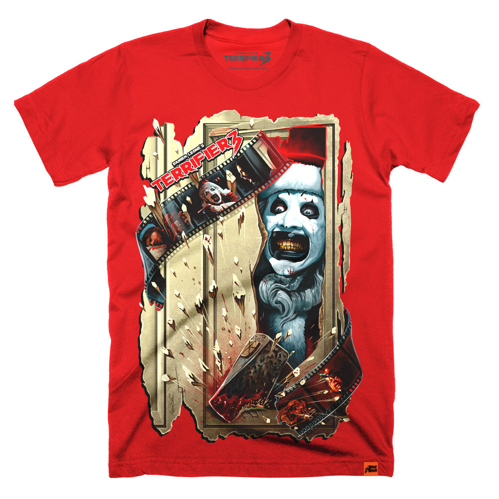 Terrifier 3 Chop House T-shirt featuring Art the Clown breaking through a splintered doorway with a bloodied axe and film strip scenes surrounding the design