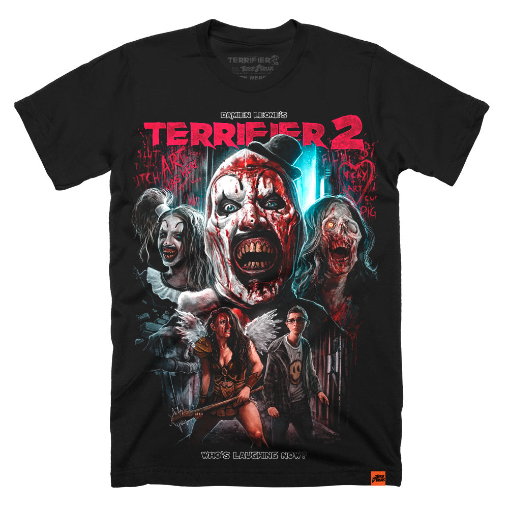 Terrifier 2 Clown Town T-Shirt featuring Art the Clown surrounded by horror characters in a chaotic, blood-soaked collage design