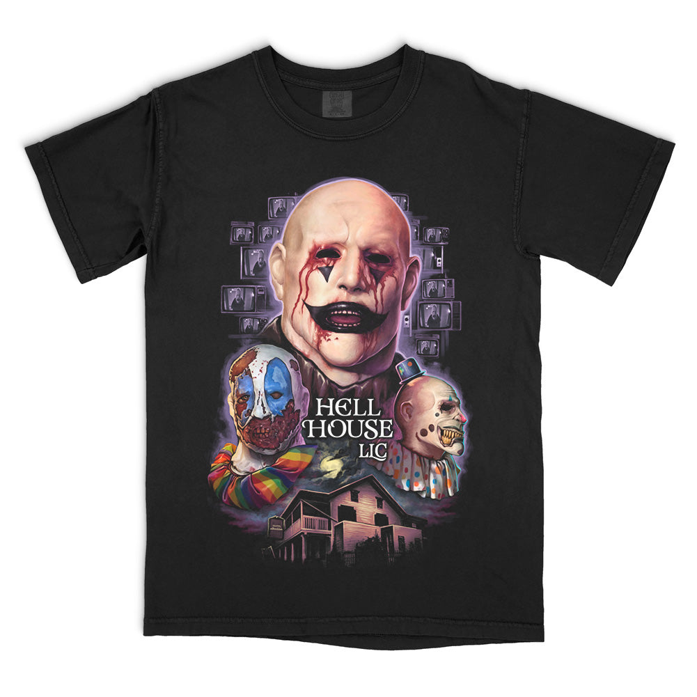 Hell House LLC Clowns of Abaddon horror design on a black Comfort Colors T-shirt