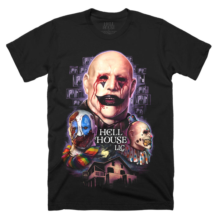Hell House LLC Clowns of Abaddon graphic on a black Classic Terror Threads T-shirt