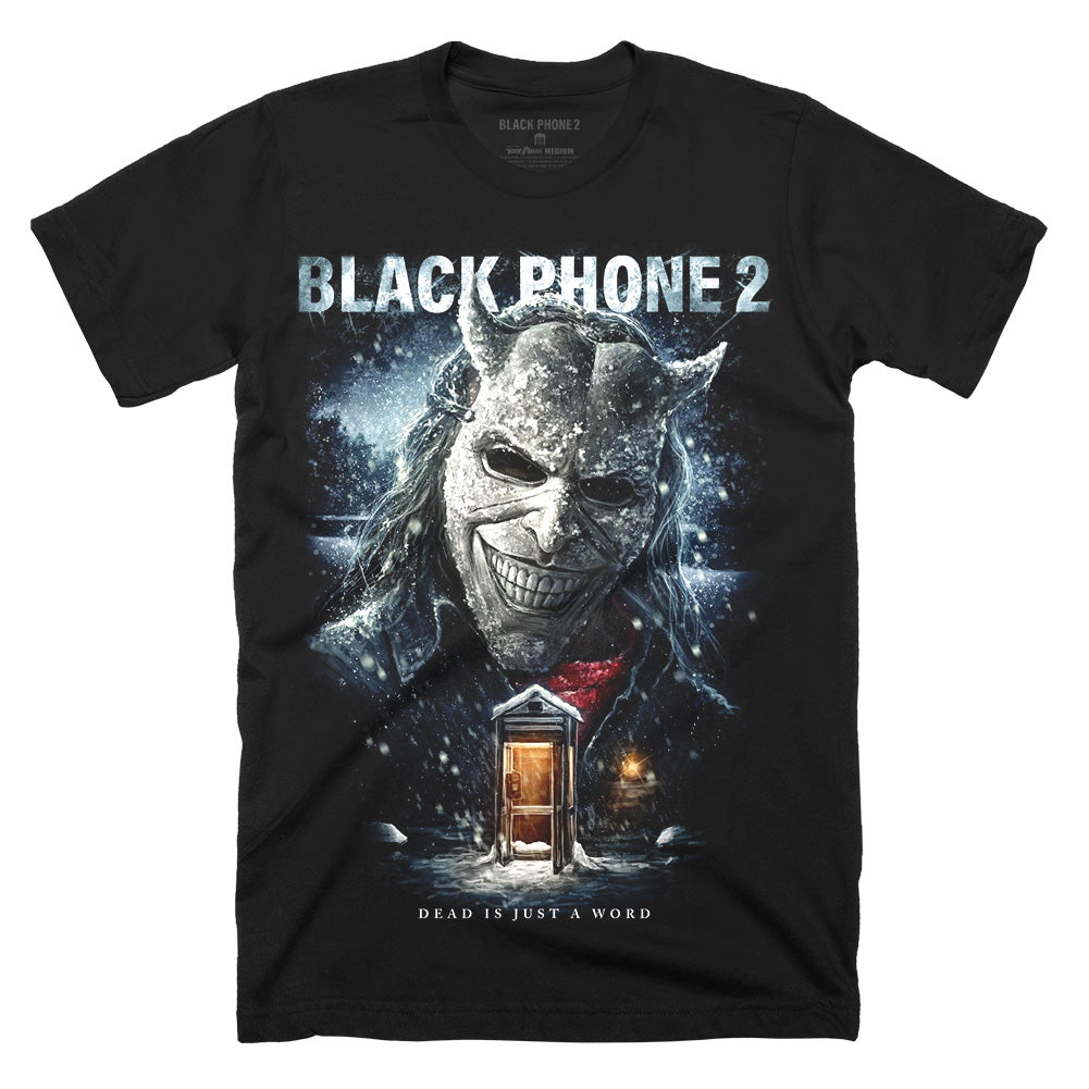 Black Phone 2 Cold Call T-Shirt on a black Classic Terror Threads Tee featuring The Grabber in a snowy design with a glowing phone booth
