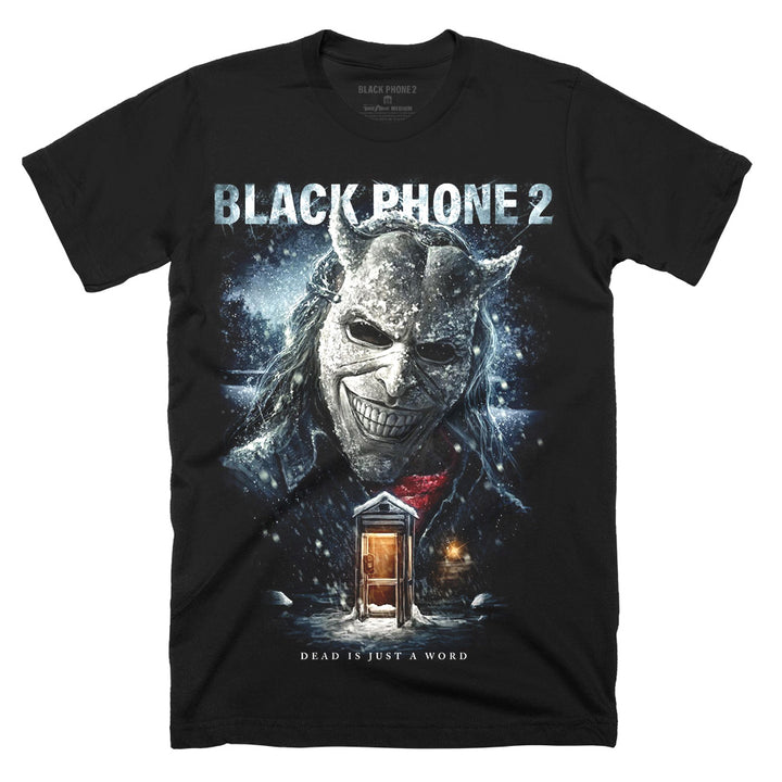 Black Phone 2 Cold Call T-Shirt on a black Classic Terror Threads Tee featuring The Grabber in a snowy design with a glowing phone booth