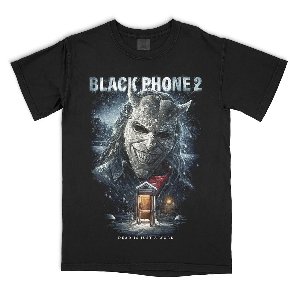 Black Phone 2 Cold Call T-Shirt on a black Comfort Colors Tee featuring The Grabber in a snowy design with a glowing phone booth