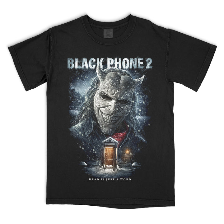 Black Phone 2 Cold Call T-Shirt on a black Comfort Colors Tee featuring The Grabber in a snowy design with a glowing phone booth