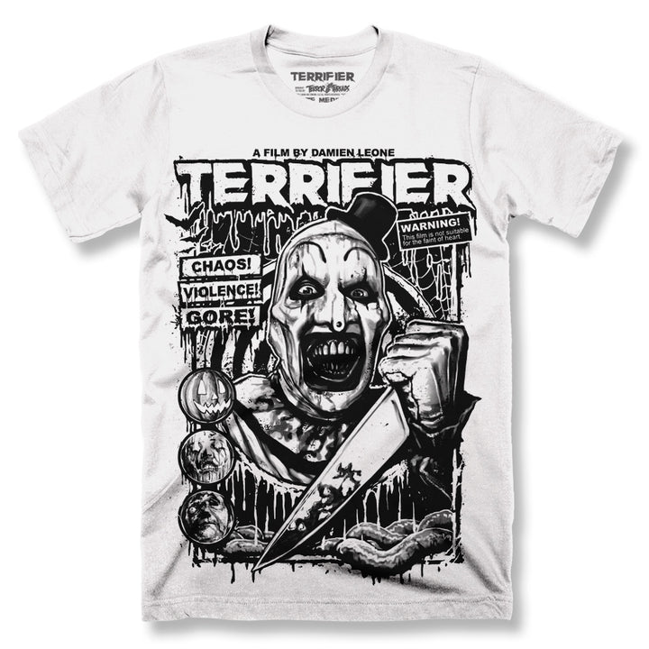 Terrifier “Cover Clown” T-Shirt featuring Art the Clown holding a large knife with bold horror typography and graphic comic-style elements, printed on a white 4.2 oz classic fit Terror Threads tee.