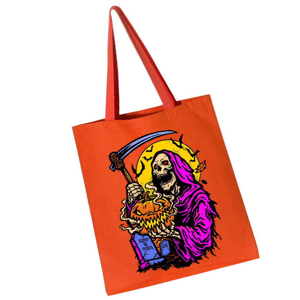 Terror Threads Original Creep In Peace orange tote bag featuring the Grim Reaper holding a sinister jack-o'-lantern with bats, tombstones, and a full moon.
