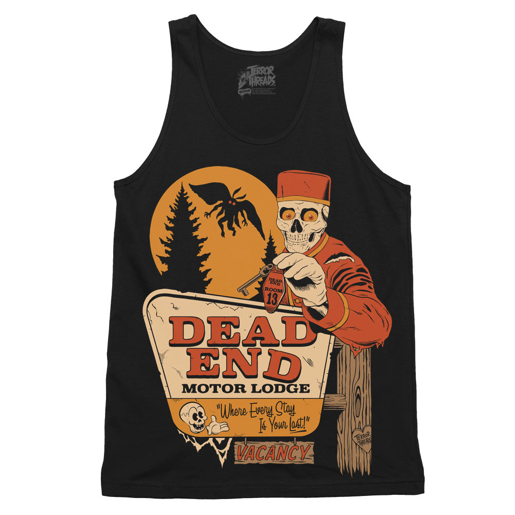 Dead End Motor Lodge original horror tank top in black featuring a skeletal bellhop, Room 13 key, orange moon, Mothman and vintage motel sign.