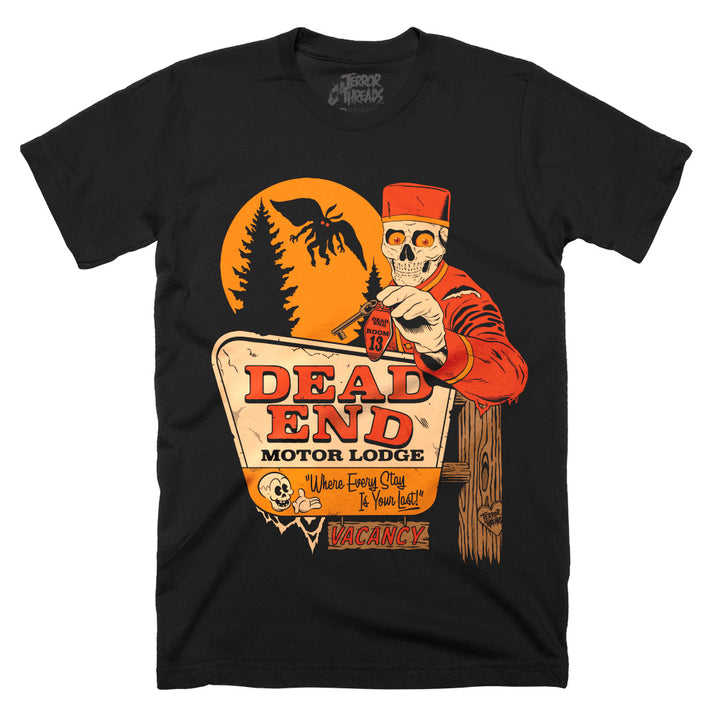 Dead End Motor Lodge original horror graphic T-shirt in black featuring a skeletal bellhop, vintage motel sign, orange moon and winged creature