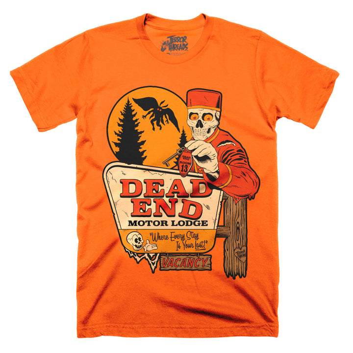 Dead End Motor Lodge original horror graphic T-shirt in orange featuring a skeletal bellhop, vintage roadside motel sign, full moon and winged creature