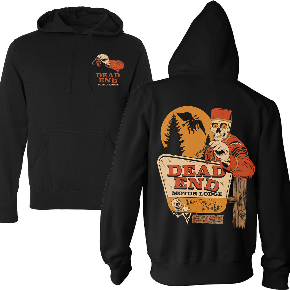 Dead End Motor Lodge black pullover hoodie featuring a Room 13 key left-chest print and full back artwork with a skeletal bellhop, Mothman, orange moon and vintage motel sign.