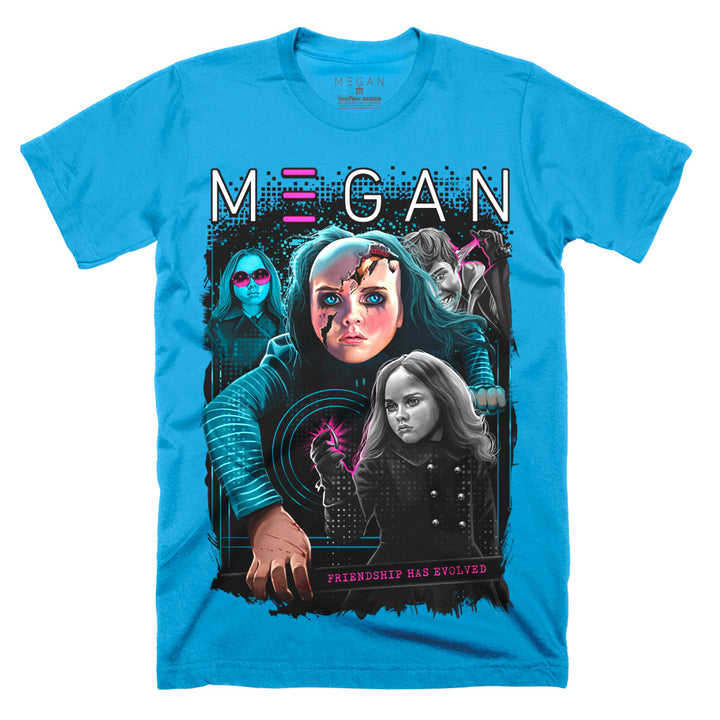 M3GAN Friendship Has Evolved T-Shirt on a sapphire Classic Terror Threads Tee featuring M3GAN in a futuristic blue and pink collage with damaged facial details