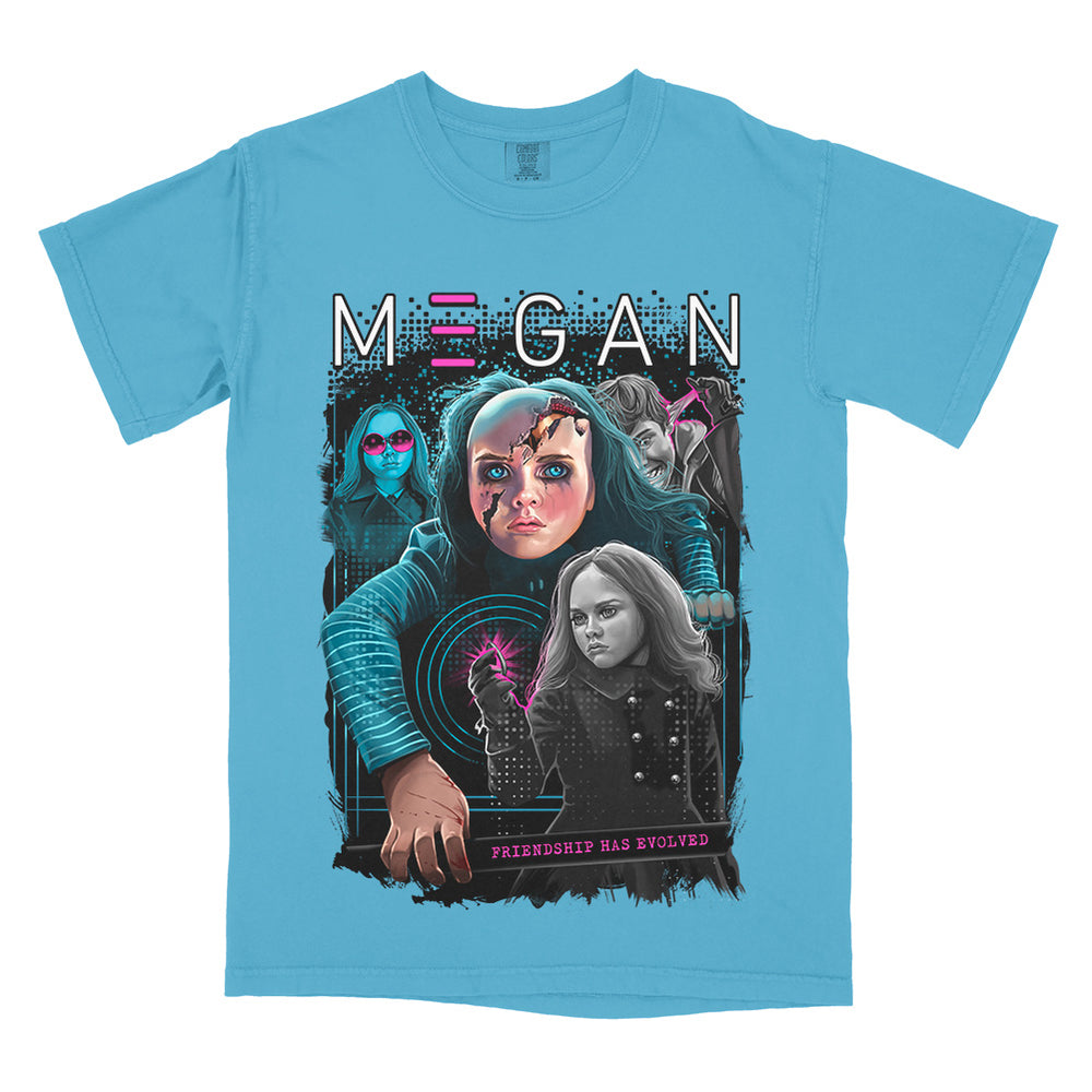 M3GAN Friendship Has Evolved T-Shirt on a sapphire Comfort Colors Tee featuring M3GAN in a futuristic blue and pink collage with damaged facial details