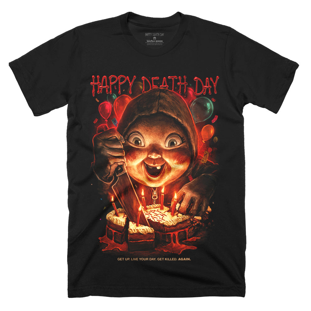 Happy Death Day Get Killed AGAIN T-Shirt on a black Classic Terror Threads Tee featuring the Babyface Killer cutting into a candlelit birthday cake