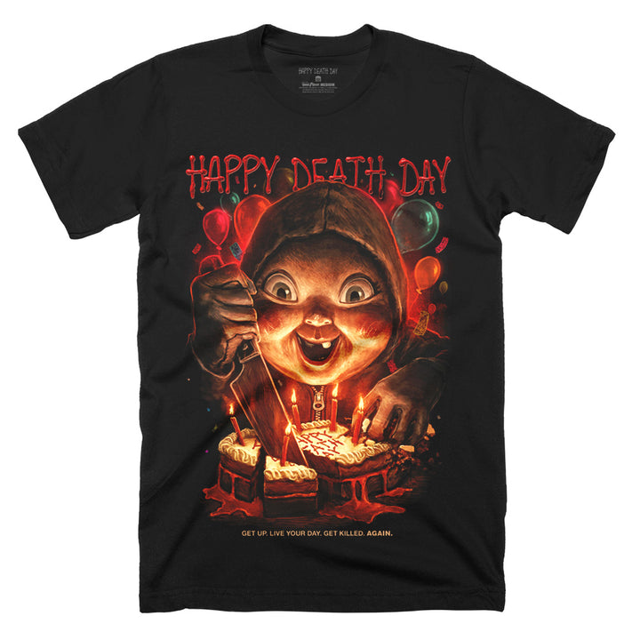 Happy Death Day Get Killed AGAIN T-Shirt on a black Classic Terror Threads Tee featuring the Babyface Killer cutting into a candlelit birthday cake