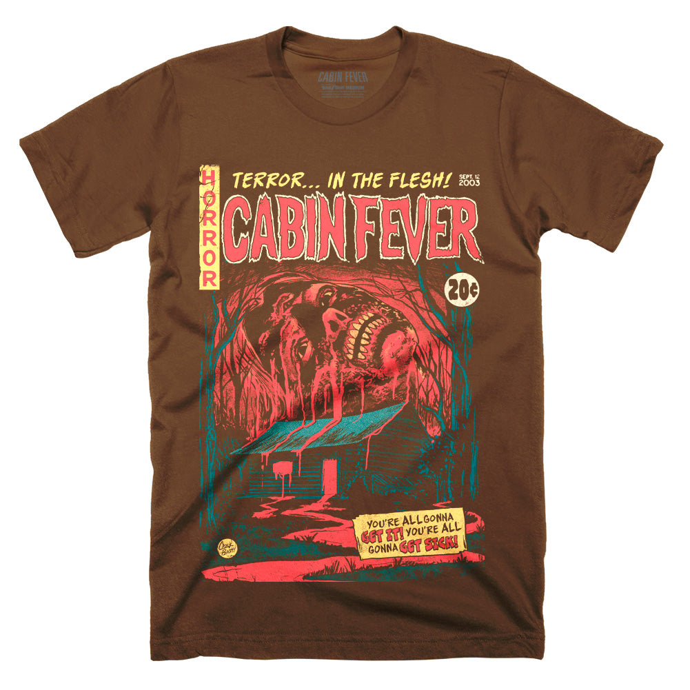 Cabin Fever Get Sick officially licensed brown Classic Terror Threads T-Shirt featuring vintage horror comic artwork and cabin graphic