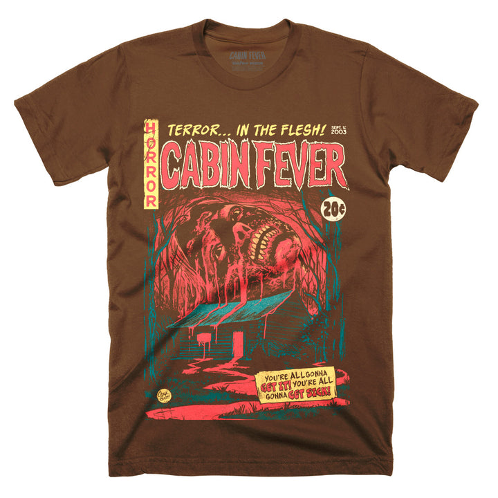Cabin Fever Get Sick officially licensed brown Classic Terror Threads T-Shirt featuring vintage horror comic artwork and cabin graphic